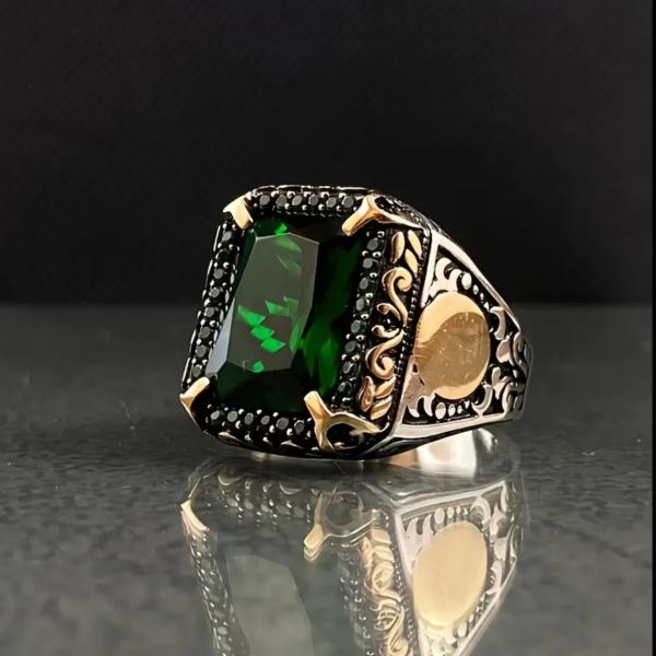 New Fashion Classical Green Square Synthetic Gems Decor Engraved Alloy Ring